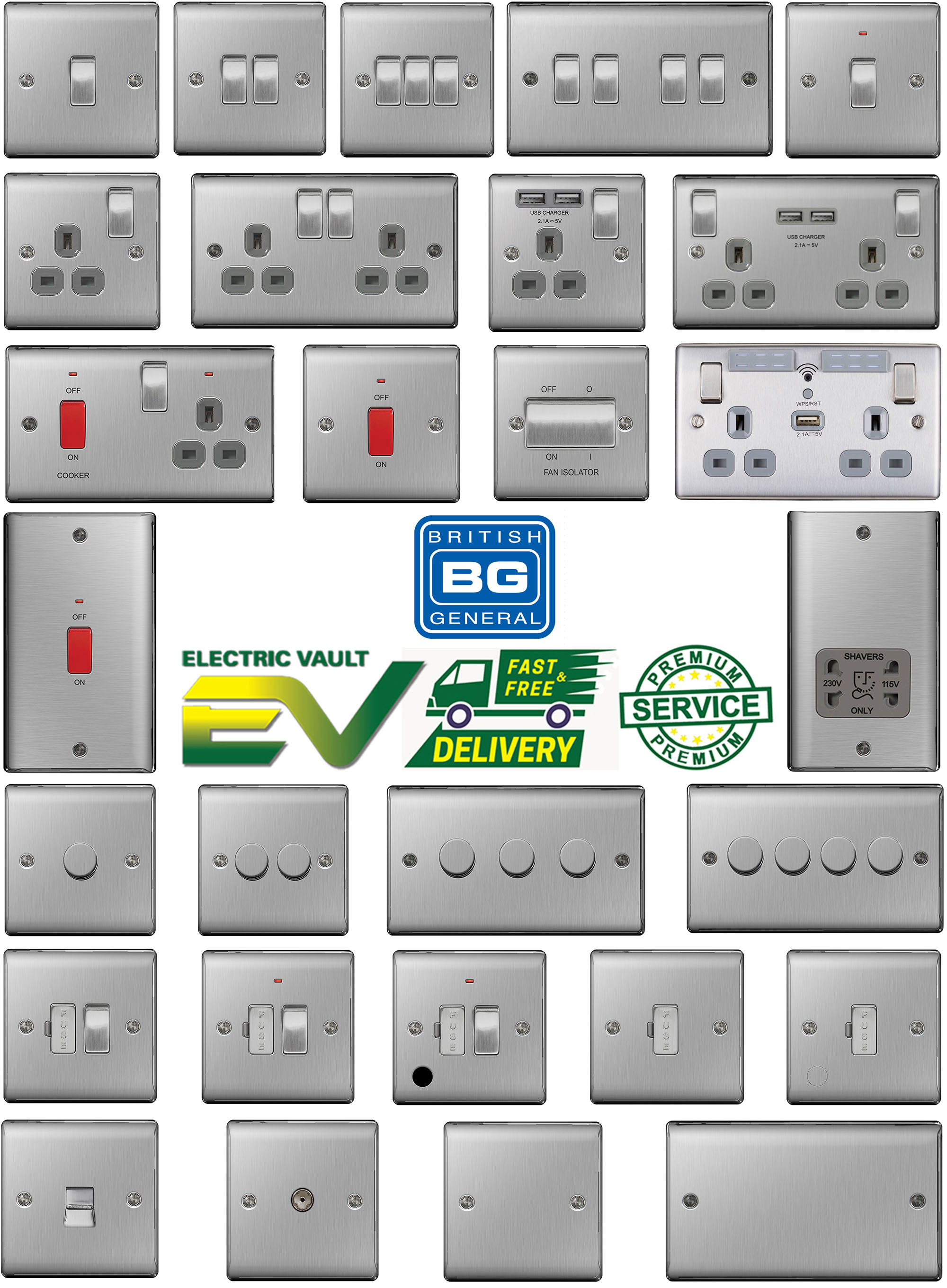 BG Nexus Brushed Steel Switches & Sockets Full Range Satin Chrome Grey