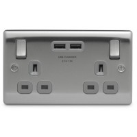 BG Nexus Brushed Steel Double Socket with USB - NBS22U3G